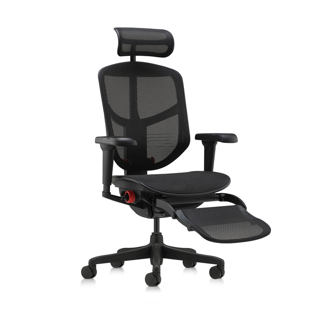 black enjoy ultra gaming chair with headrest, the legrest is elevated, chair facing front right 45-degree angle