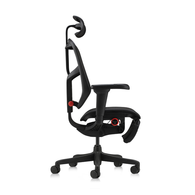 right profile view of enjoy ultra, black gaming chair with headrest, legrest is folded under