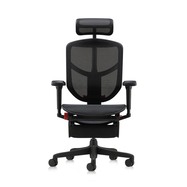 enjoy ultra gaming chair, black frame and black mesh, front view, with headrest and legrest