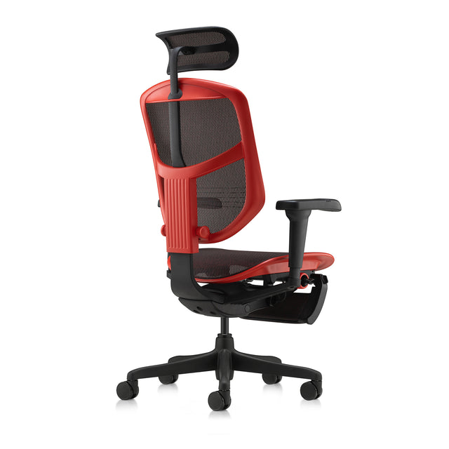 red enjoy ultra gaming chair, black mesh, back 45-degree angle to the right, headrest included, legrest folded under