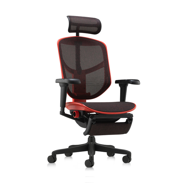 red enjoy ultra, front 45-degree angle to the right, legrest folded under, headrest included