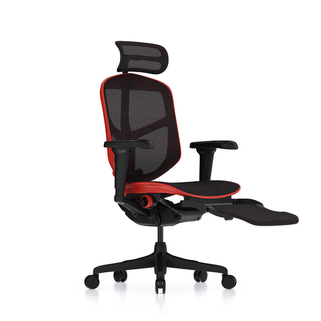 Enjoy Ultra gaming chair with red frame 45º right with extended legrest view 