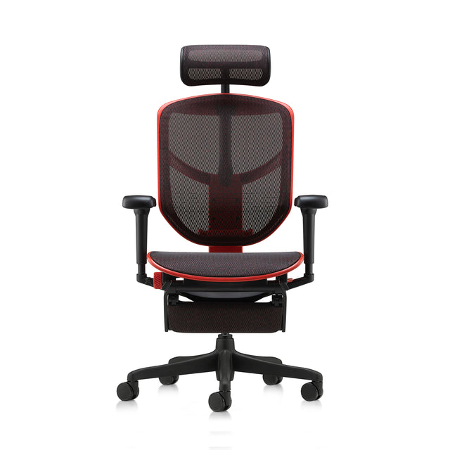 red enjoy ultra, front view, black mesh, headrest and legrest included