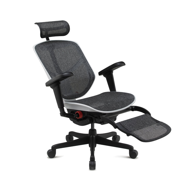 reclining gaming chair, enjoy ultra, white frame and black mesh, headrest and legrest, legrest unfolded