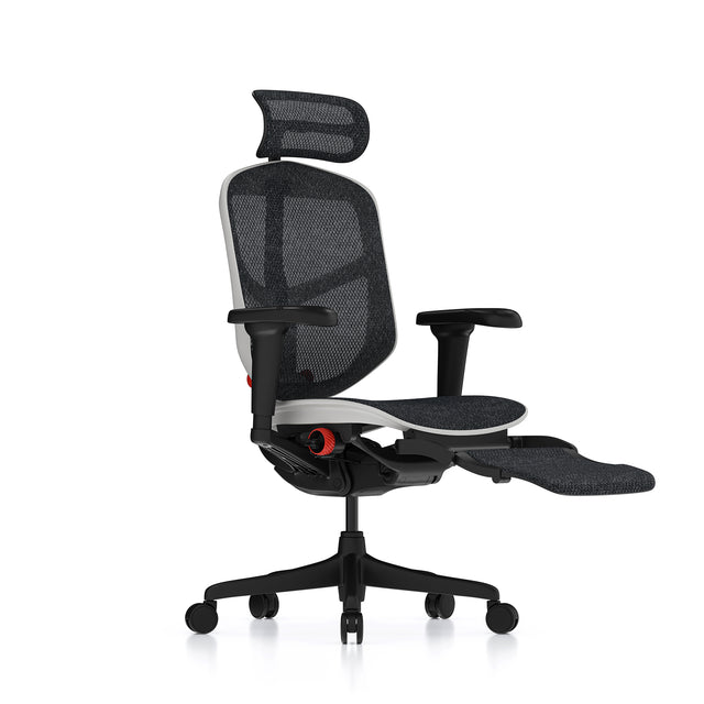 Enjoy Ultra gaming chair with white frame 45º view with extended legrest