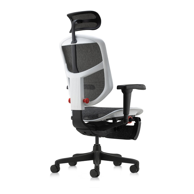 mesh gaming chair, enjoy ultra, facing back right 45-degree angle, white frame black mesh