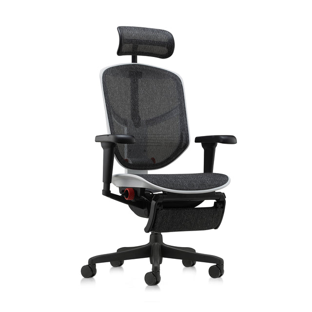 front right 45-degree angle enjoy gaming chair, white frame and black mesh, headrest, legrest folded under