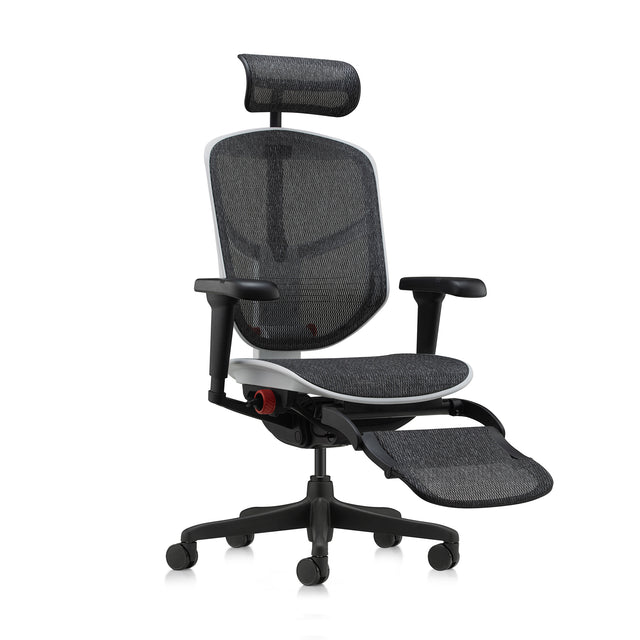 enjoy ultra, mesh gaming chair, white frame, legrest unfolded, chair at a 45-degree angle to the front right