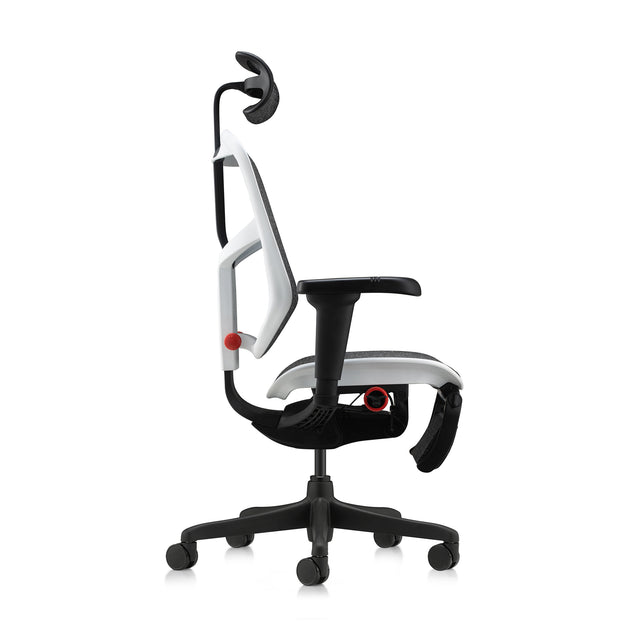 white enjoy ultra gaming chair, right profile view, headrest and legrest