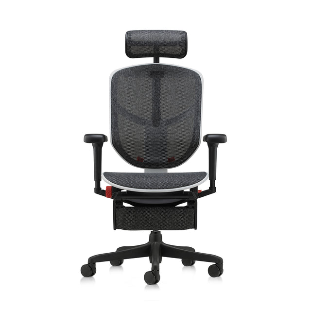 enjoy ultra in white, black mesh, front view, headrest and legrest included