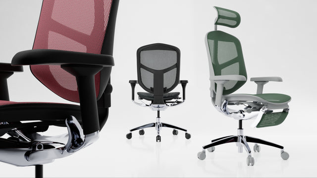 3 Enjoy office chairs - black frame with scarlet mesh, black frame with black mesh, and grey frame with green mesh, all facing different directions. On each chair are white dots, which, when clicked, bring up various in-depth details about the chair's features. 