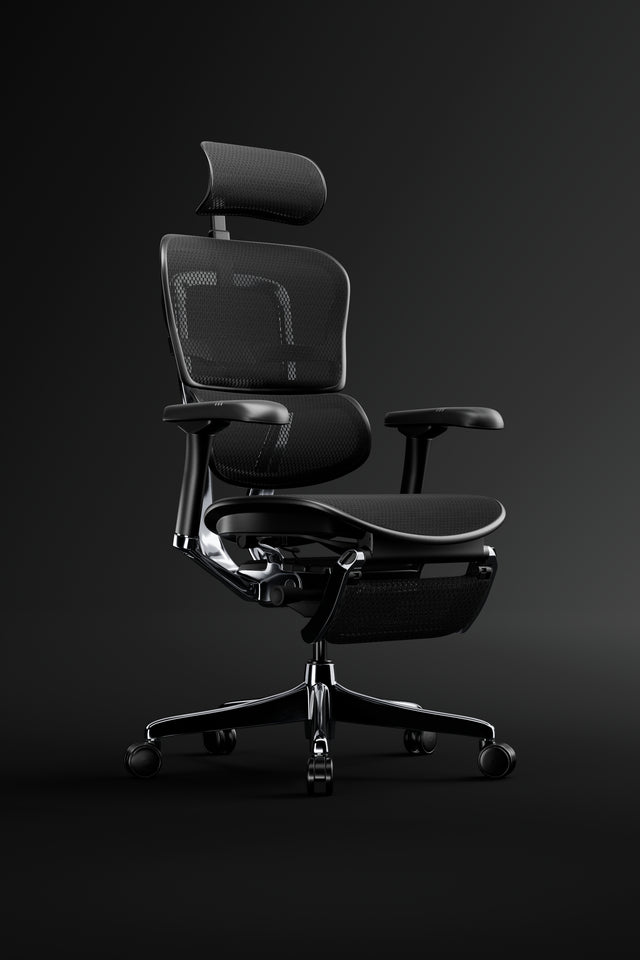 Ergohuman Elite office chair for sale. Black Friday office chairs. Black mesh, black frame with headrest and legrest. Situated in a black studio space. 