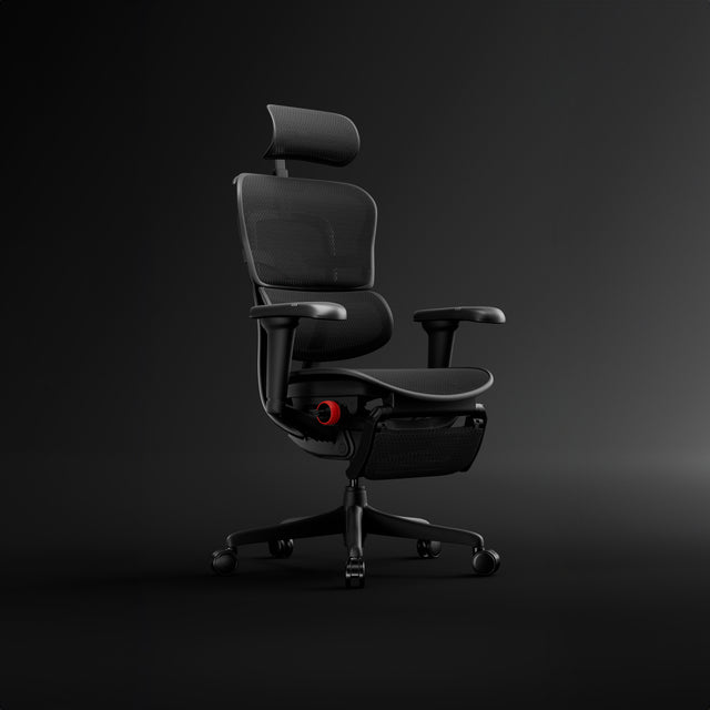 Ergohuman Ultra in black facing the right at a 45-degree angle in a black studio space. Discounted gaming chairs. Gaming chairs for sale. 