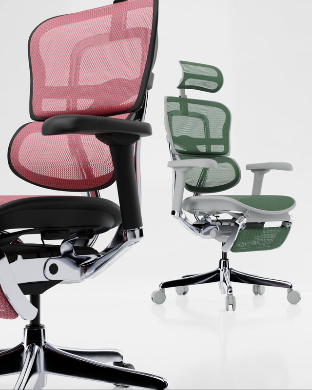 Two Ergohuman Elite office chairs, all facing different directions. The ergonomic office chairs are featured in a black frame with red mesh and a grey frame with green mesh. On the chairs are white spots which, when clicked, bring up in-depth details about the chairs' features.