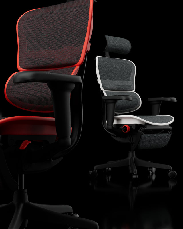 The red Ergohuman ultra facing to the front left, and white chair facing to the left. On the chairs are white dots which, if clicked, bring up details on the chair's features.