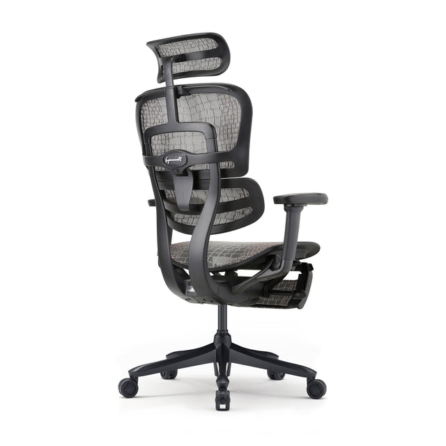 ergohuman carbon, back right 45-degree angle, black frame, grey carbon fibre mesh, reclining gaming chair for pro gamers