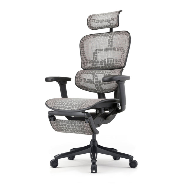 ergohuman carbon chair front 45-degree angle to the left, legrest folded under