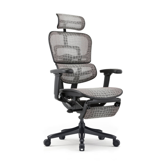ergohuman carbon gaming chair, front 45-degree to the right angle, headrest, legrest folded under