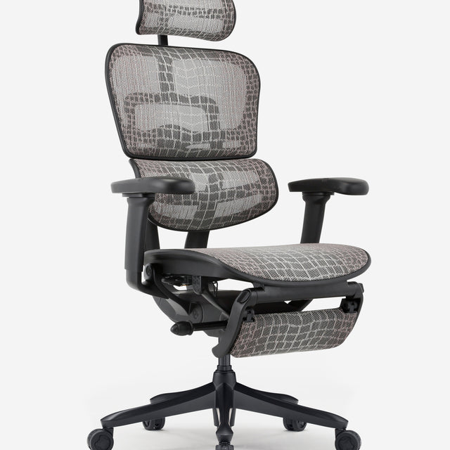 Front angled view of the Ergohuman Carbon gaming chair with the footrest tucked away. The chair has a black frame and a snakeskin-like mesh