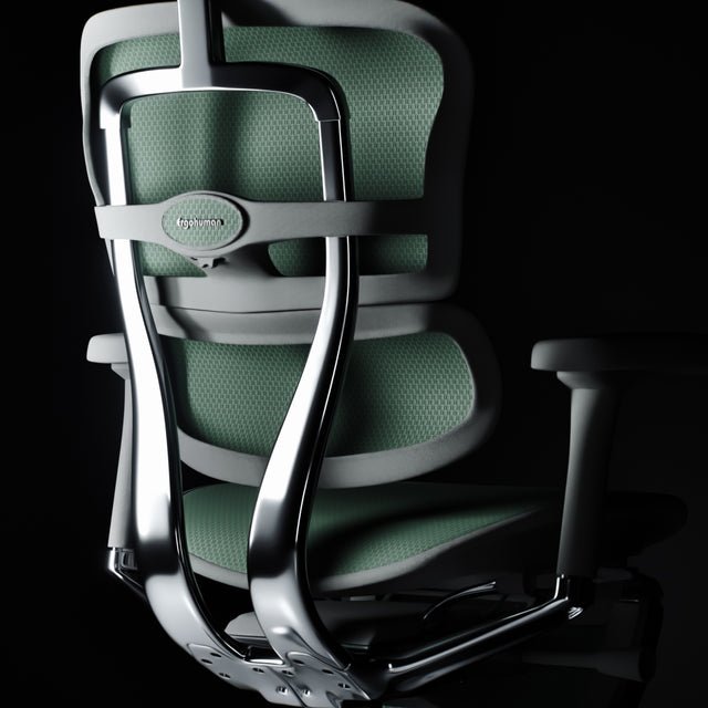 premium ergonomic office chair - ergohuman elite g2, grey frame, green mesh against a black background