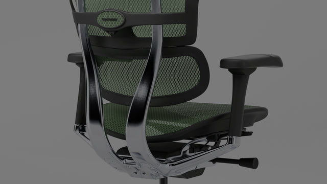 Back view of the Ergohuman office chair in a black frame and green mesh against a white background. 