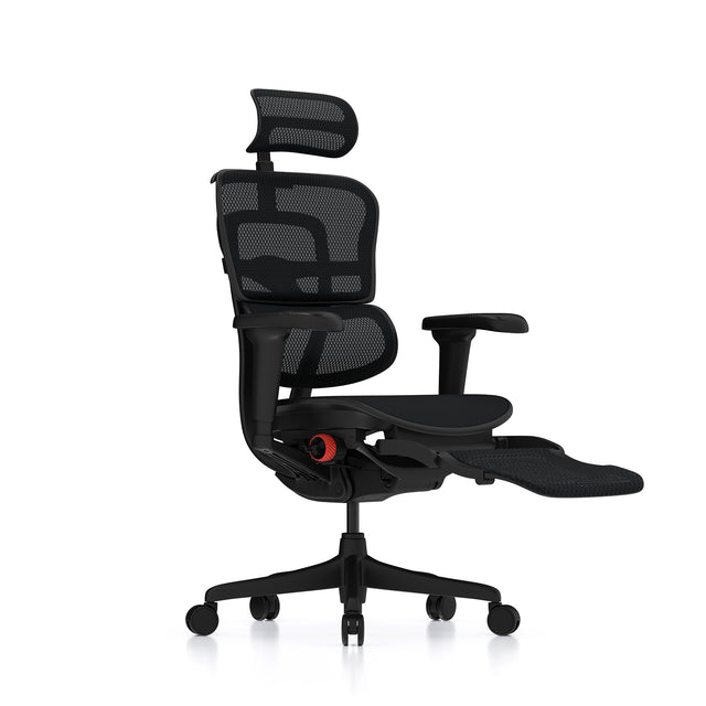 Ergohuman Ultra gaming chair with black frame 45º right with extended legrest view 