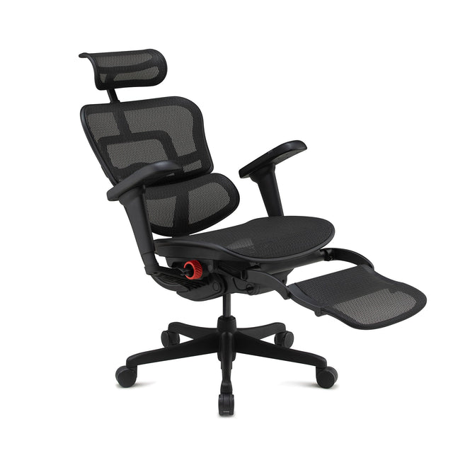 front right-angle 45-degree view of the ergohuman ultra gaming chair, leaned back with legrest unfolded. a great gaming chair for back pain.