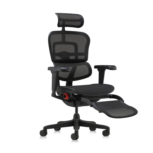 ergohuman ultra gaming chair in black, front 45-degree right angle view with legrest unfolded