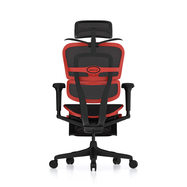 back view of the ergohuman ultra red gaming chair, coathanger popped open