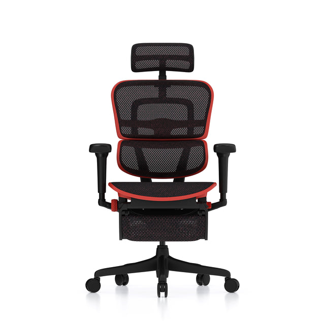 red frame ergohuman ultra gaming chair, front view