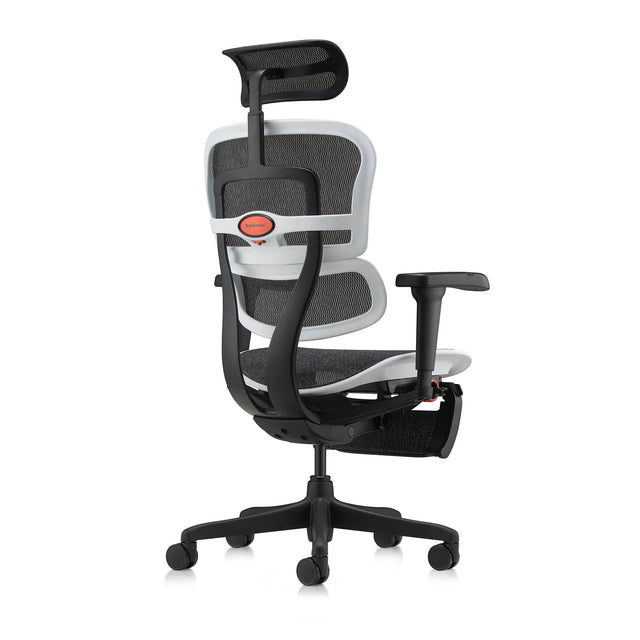 back right 45-degree angle of the ergohuman ultra in a white frame with black mesh