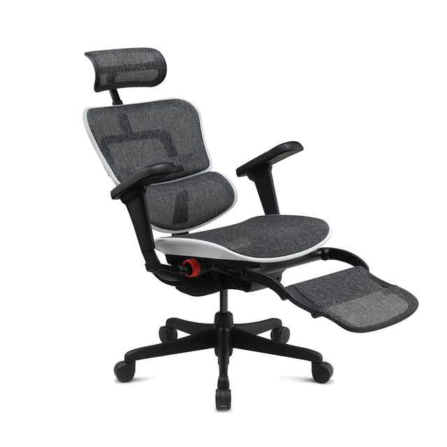 front right 45-degree angle view of the ergohuman ultra in white, legrest folded out, chair reclined back