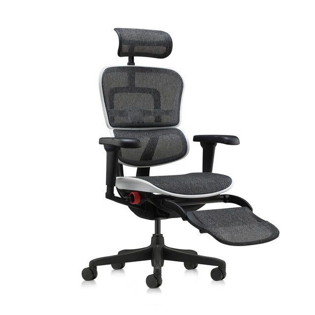 front right 45-degree angle view of the ergohuman ultra in white, legrest folded out