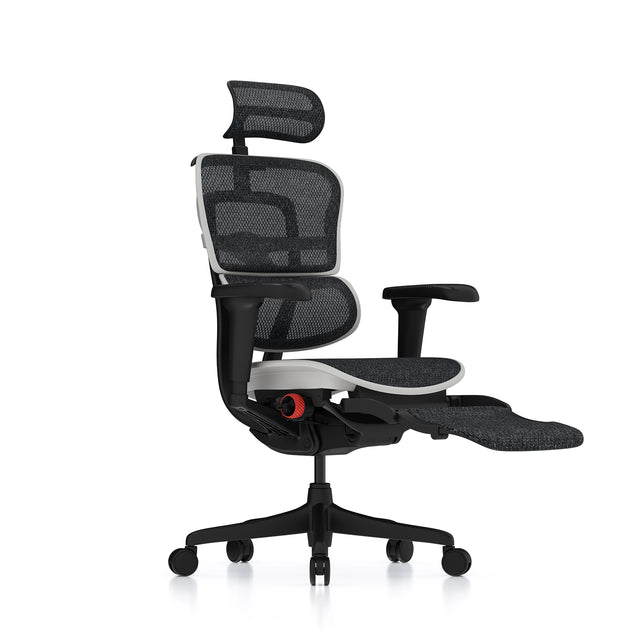 Ergohuman Ultra gaming chair with white frame 45º right with extended legrest view 