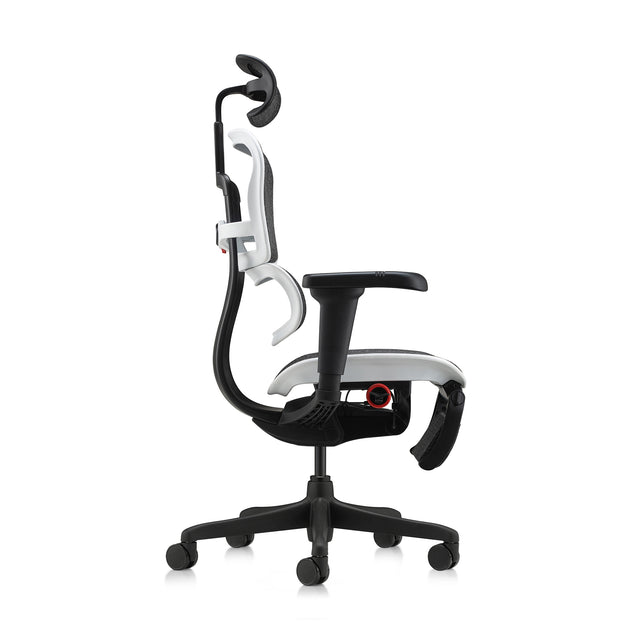 right profile view of the ergohuman ultra in a white frame with black mesh