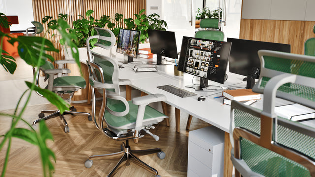 The photo shows a white bench desk with Ergohuman office chairs at each section. The office chairs have a grey frame and green mesh. On each desk is a PC monitor, a keyboard, mouse, and books. The office is full of vibrant greenery.