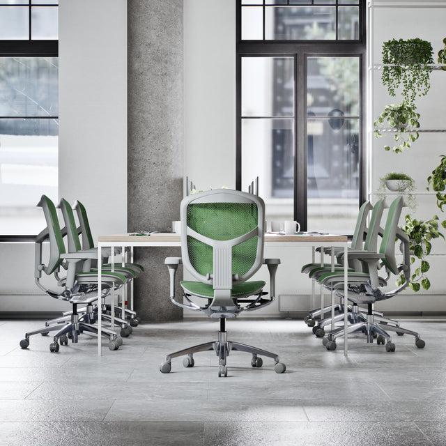 Back view of the Enjoy office chair at a bench desk. On either side of the bench desk are three Enjoy office chairs. Each chair is encased in a grey frame and green mesh. The office space is grey and white with large windows.