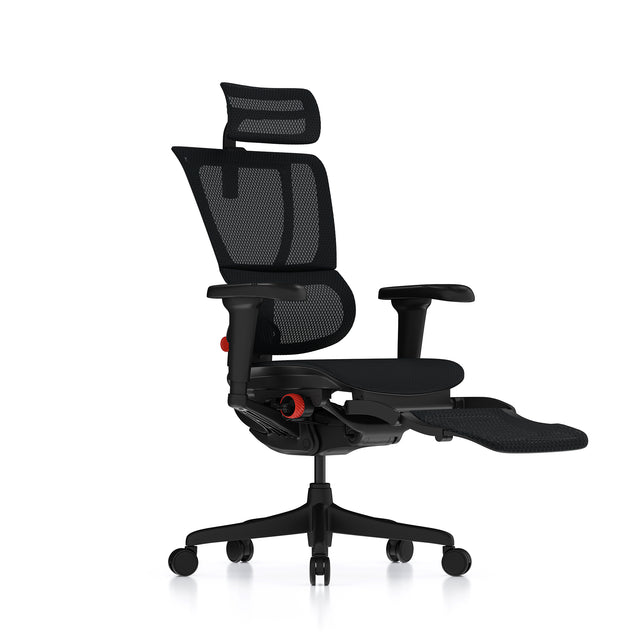 Mirus Ultra gaming chair with black frame 45º right with extended legrest view