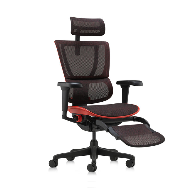 mirus ultra gaming chair in red, front 45-degree right angle view with legrest unfolded
