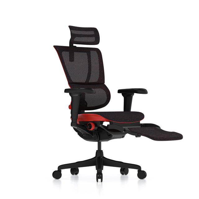 Mirus Ultra gaming chair with red frame 45º right view extended legrest