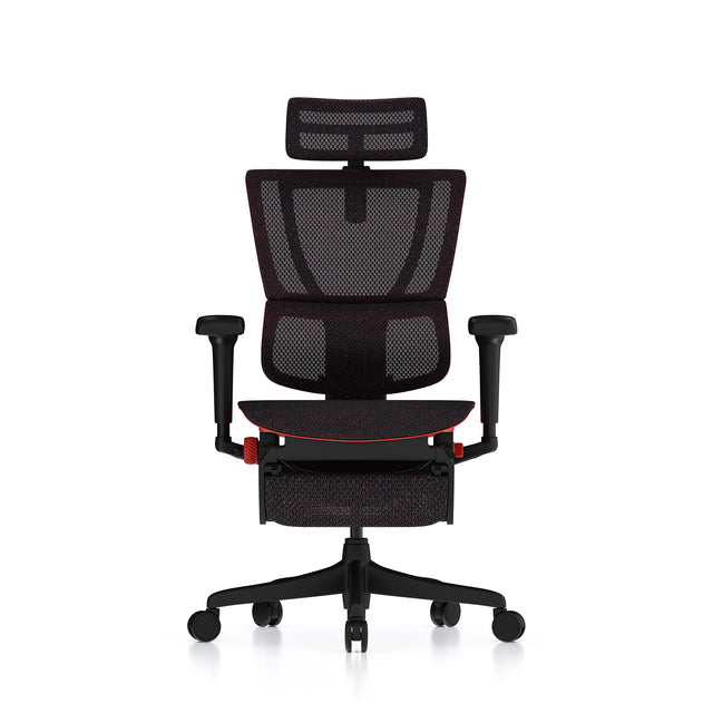 Mirus Ultra gaming chair with red frame front view