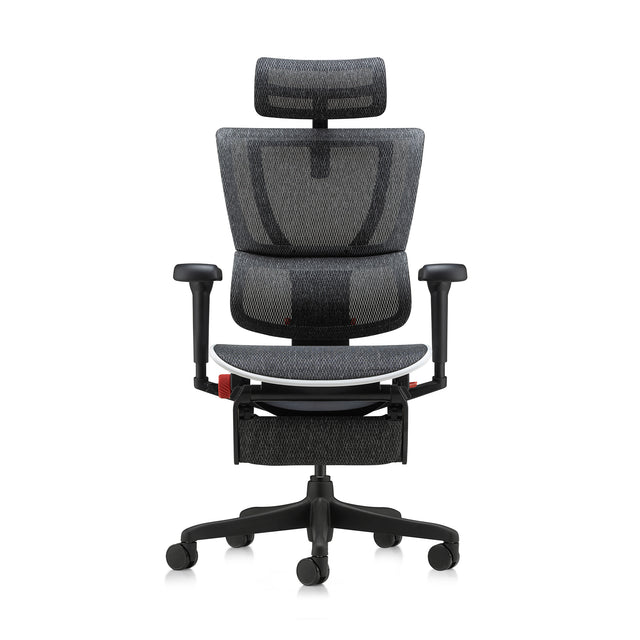 white frame mirus ultra gaming chair, black mesh, front view