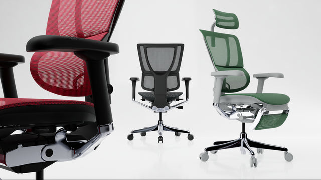 3 Mirus office chairs - black frame and scarlet mesh, black frame and black mesh, grey frame and green mesh, all facing different directions. On each chair are a few white dots which, when clicked, bring up in-depth details about the chairs' features.