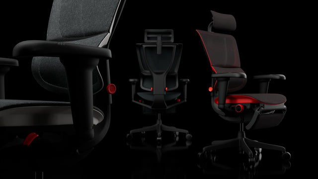 Mirus Ultra gaming chair in three colours, all chairs facing different directions. It's available in black, red, or white. On the chairs are white dots which, if clicked, bring up in-depth details about the chair's features.
