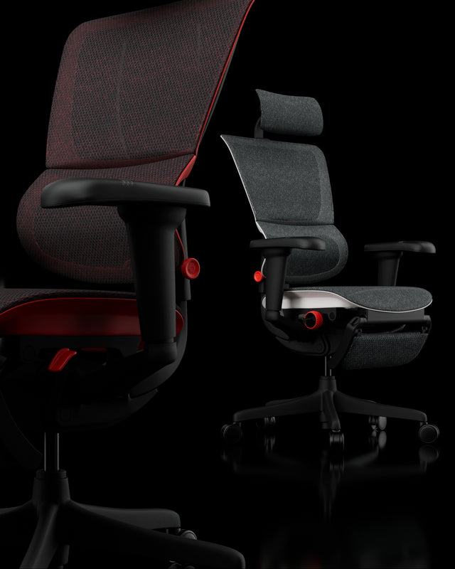 Mirus Ultra gaming chair in two colours, both chairs facing different directions. It's available in black, red, or white. On the chairs are white dots which, if clicked, bring up in-depth details about the chair's features.