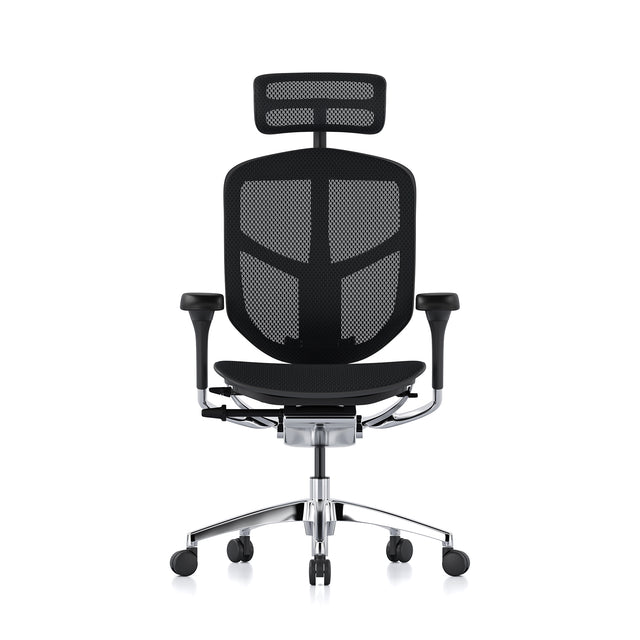 Black frame, black mesh, Enjoy office chair, facing front, with headrest