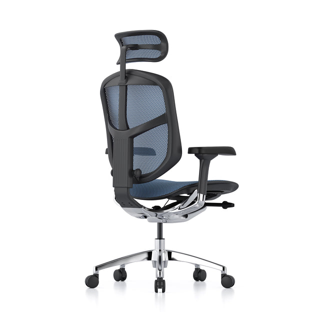 black frame blue mesh enjoy office chair, facing 45-degree to back right. with headrest