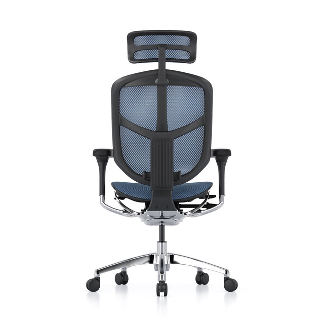 enjoy office chair facing back, black frame, blue mesh, with headrest