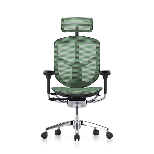 enjoy office chair in black frame and green mesh, facing front, with headrest