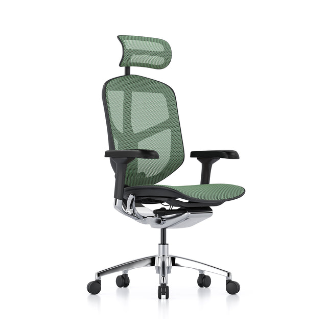 Open-box Enjoy office chair with headrest, green mesh, black frame – Excellent